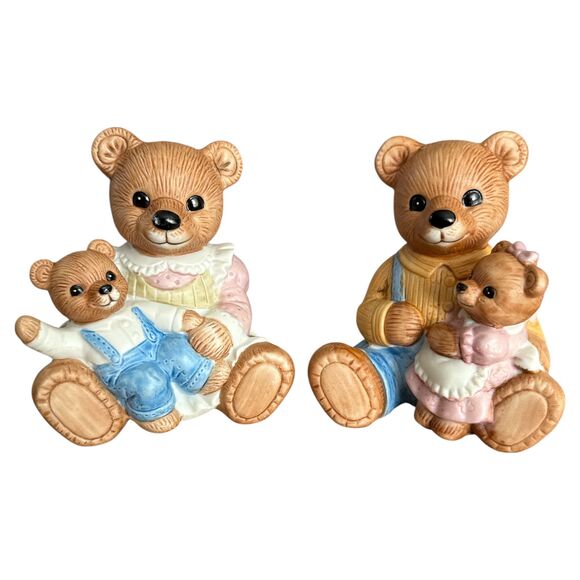 Parent & Child Teddy Bear Figurines Set of 2 Ceramic 1444 Vintage Pastel Bears - Picture 3 of 10
